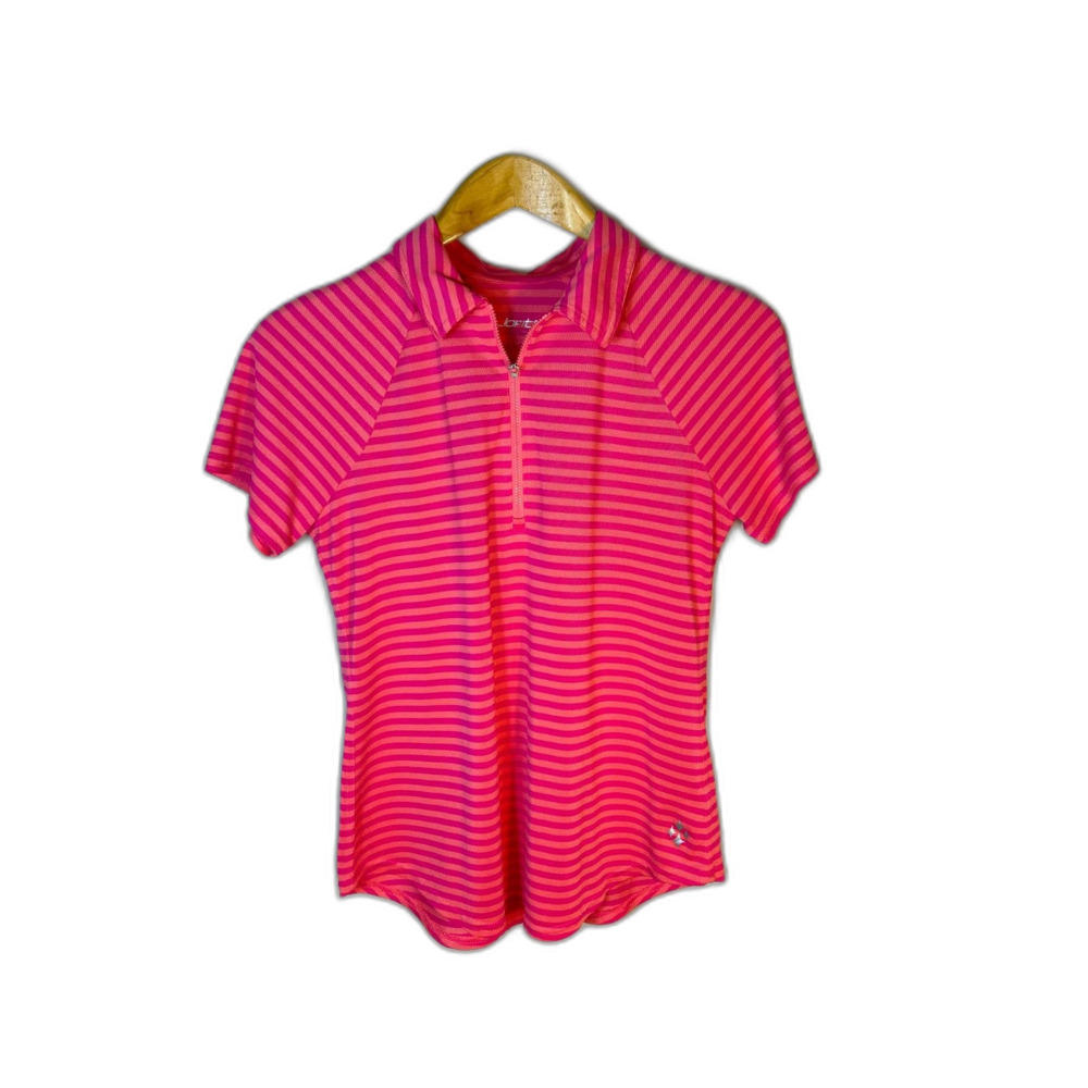 Jofit Womens NWOT Pink Coral Striped Performance 1/4 Zip SS Golf Polo Shirt Sz M - Picture 3 of 10
